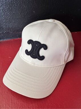 White Baseball Cap Hat with Navy Embroidered Triomphe Logo